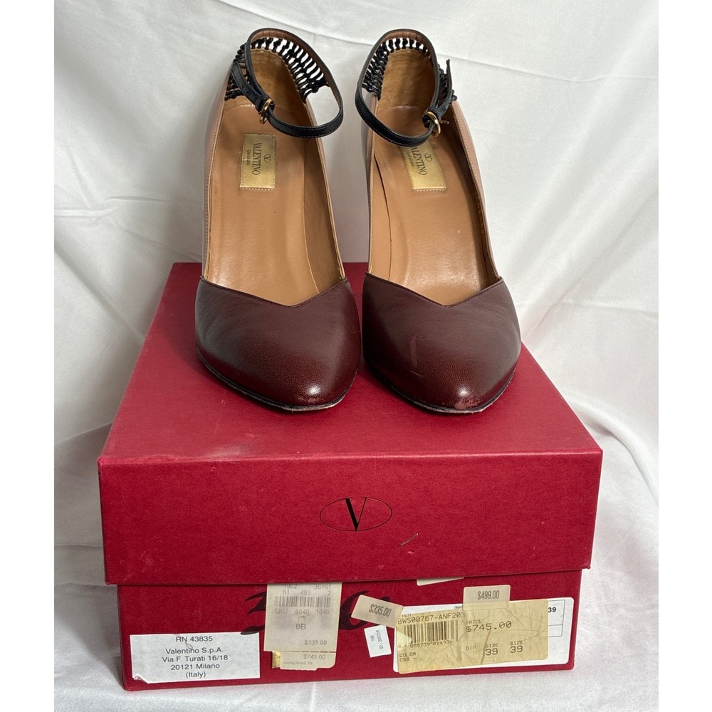 Valentino Garavani Two Tone Leatherโ Ankle Strap Pumps Burgundy Tan Size 39
